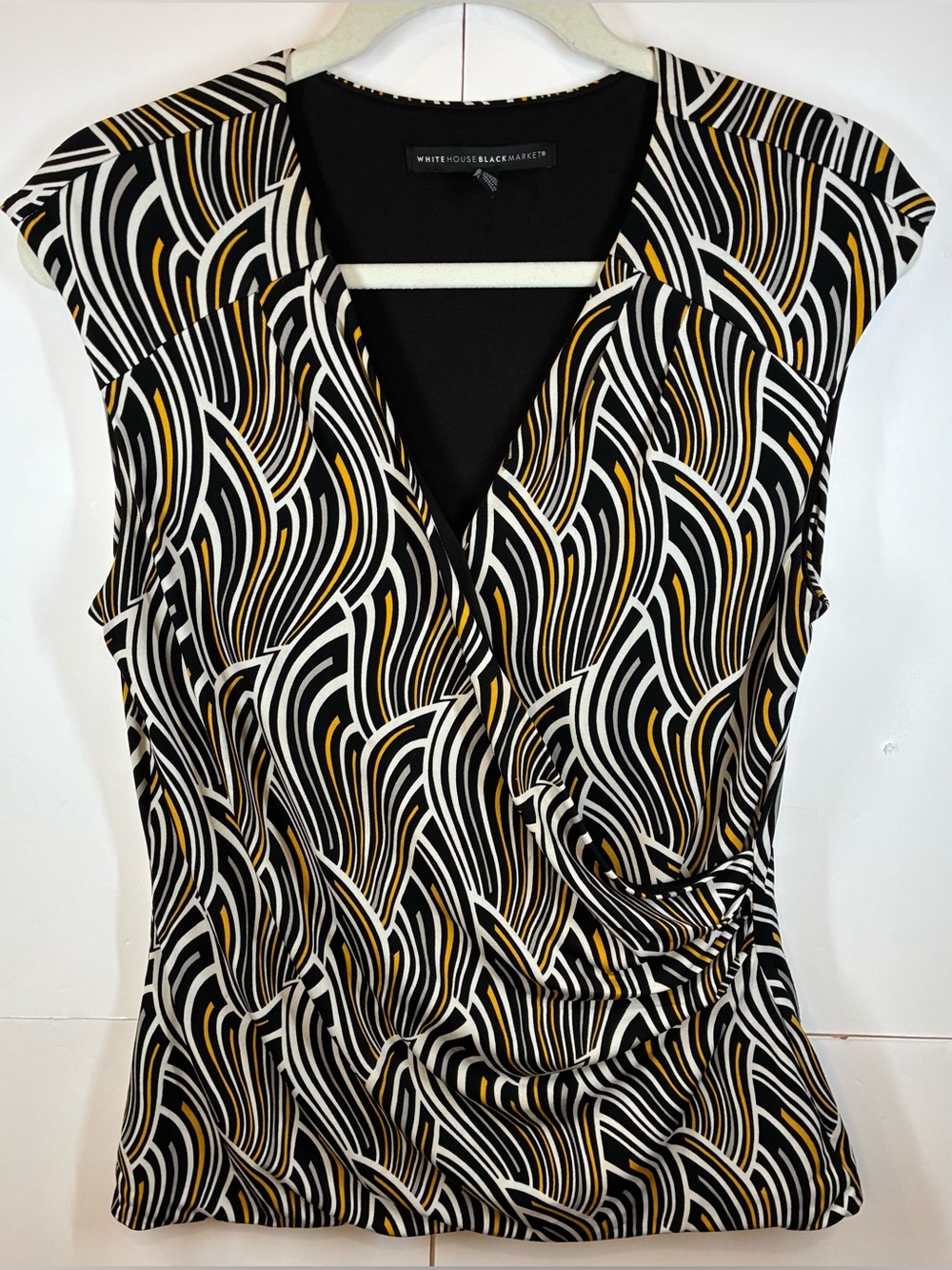 White House Black Market Black Abstract Print Faux Wrap Cap Sleeve Blouse Medium